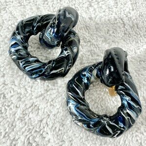 Vintage Handmade Black and Blue Swirl Resin Hoop Clip On Earrings